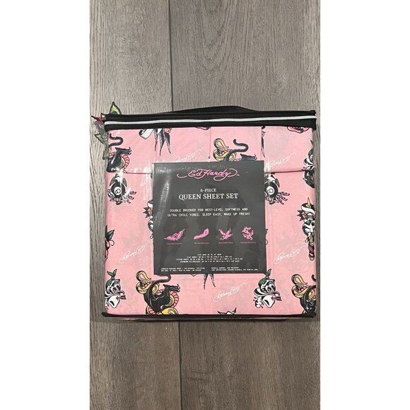 Ed Hardy 6-Piece QUEEN Bedding Sheet Set Pink Graphic Print Y2K Tiger Heart Dice - Picture 5 of 7